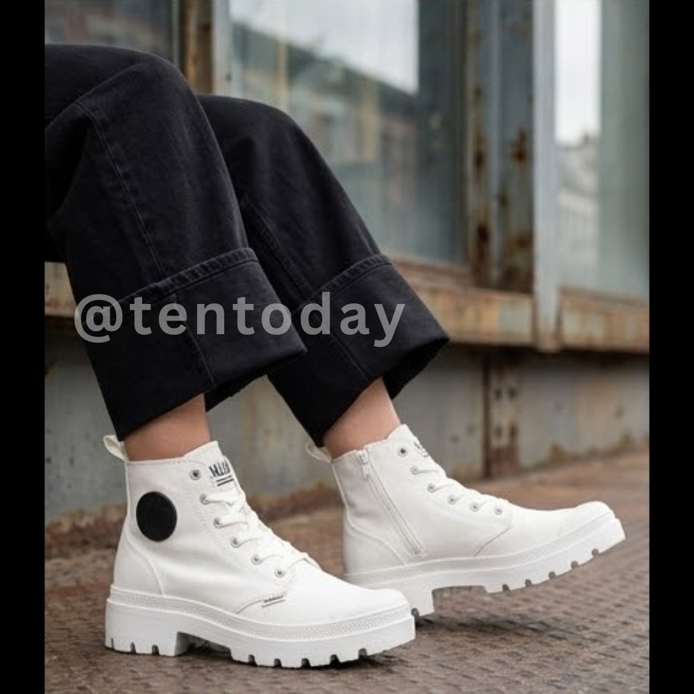 Palladium Size 6.5 White Canvas Chunky High Vegan Combat Boots Sneakers Shoes